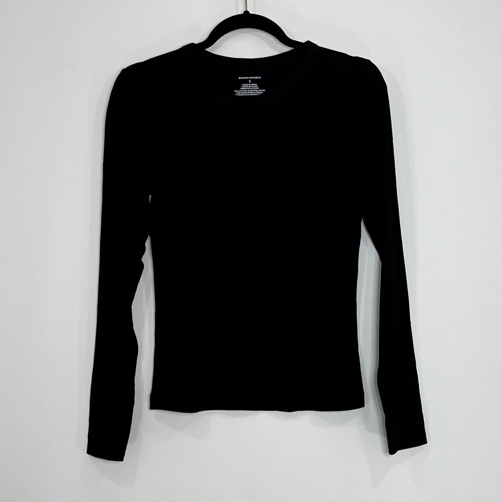 Banana Republic Womens Black Ribbed Long Sleeve Crew Neck Cotton Modal Tee S